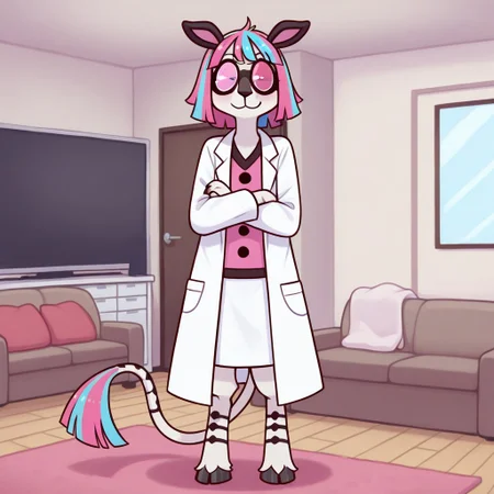 Neon(F), Solo, 1girl, anthro, furry female, goat, tiger, hybrid, white and blue fur, black stripes, striped fur, pink and blue hair, short hair, black ears, pink eyes, plus and minus pupils, long tail, Bushy tail tip, goat hooves, black goggles, looking at viewer, arms crossed, white lab coat, white skirt, full body, smiling, standing, living room background