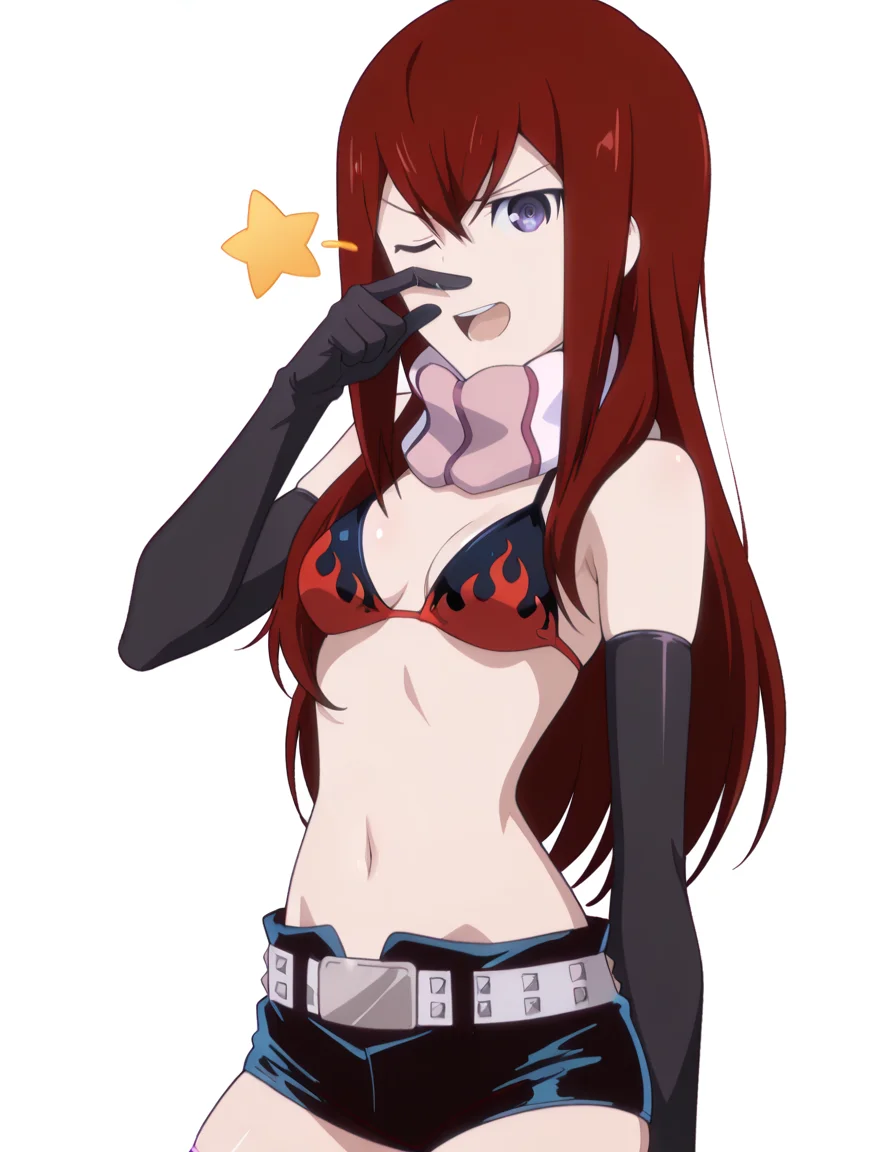 masterpiece, best quality, amazing quality,, <lora:kurisu-makise-s1-illustriousxl-lora-nochekaiser:1>, kurisu makise, hair between eyes, hair over shoulder, long hair, purple eyes, red hair, straight hair, mature female, small breasts, anime screencap, <lora:yoko-littner-cosplay-illustriousxl-lora-nochekaiser:1>, yoko littner cosplay, yoko littner (cosplay), bikini top only, no shirt, belt, shorts, black shorts, short shorts, elbow gloves, gloves, thighhighs, scarf, flame print, navel, midriff,, <lora:rubbing-nose-illustriousxl-lora-nochekaiser:1>, rubbing nose, looking at viewer, smile, one eye closed, hand up, teeth, star (symbol),, glaring, open mouth, <lora:transparent-background-illustriousxl-lora-nochekaiser:1>, transparent background, simple background, white background, ,