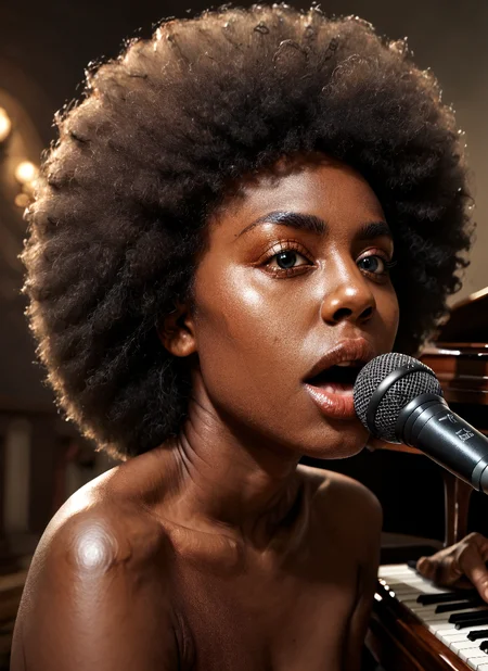 1 black woman, portrait, dark skin woman, black woman, large round afro, sexy, seductive, thick woman, dynamic angle, dramatic lighting, cinematic, sitting behind a piano at a modern nightclub, microphone, mouth open singing and playing piano, liquer bottles, mirror,, side view, supermodel face, concept art, realistic, dark theme, low light, extremely detailed background<lora:detailed_notrigger> <lora:Pony_DetailV1.0> <lora:PonyLargeRoundAfro> <lora:Black_Woman_v3_e6>