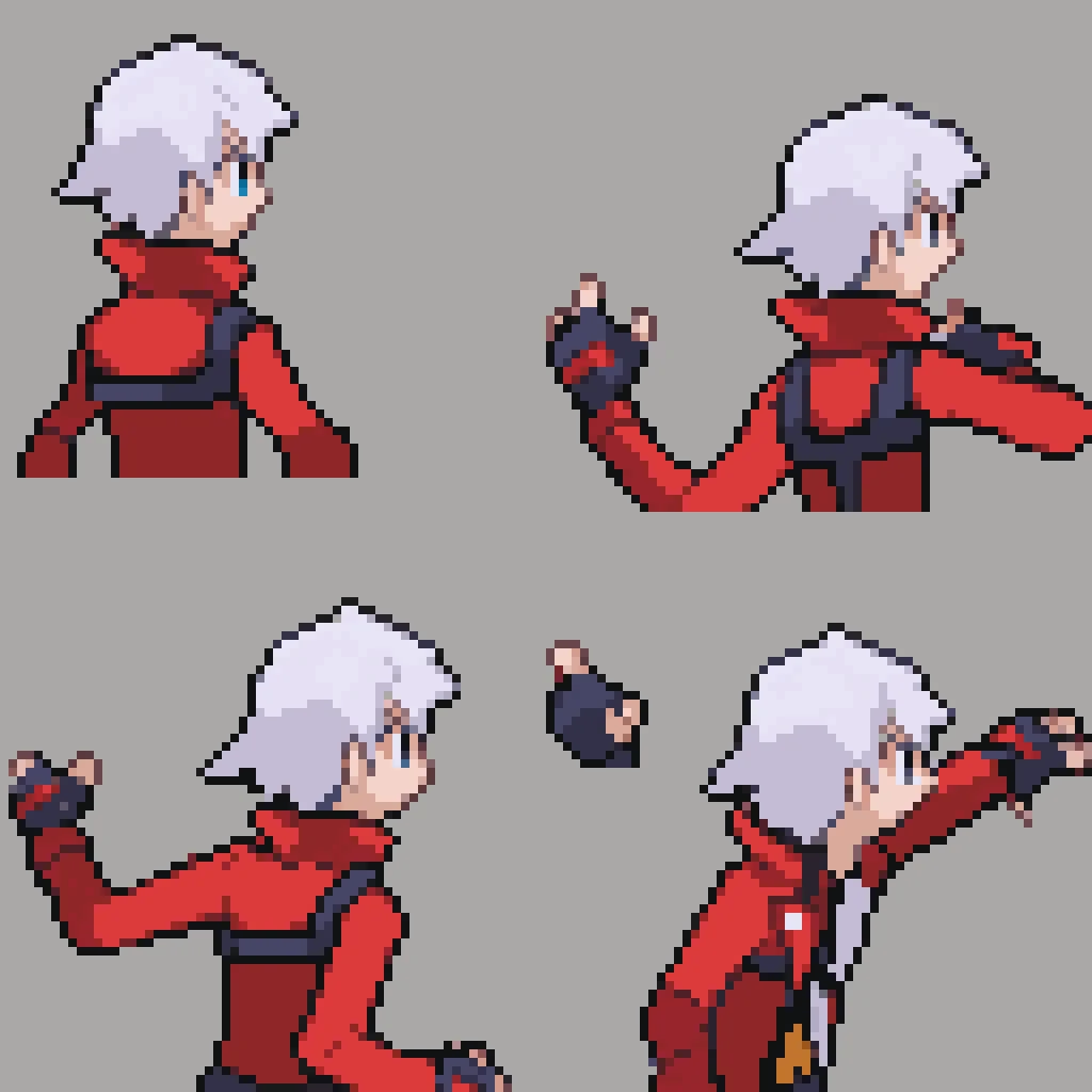 backsprite, gen3backtrainer, sprite sheet, pixel art, from behind, dmc3dante, white hair, blue eyes, red coat, bandeau, fingerless gloves, pants, white background, simple background <lora:PkmnGen3TrainerBack:1> <lora:dmc3_dante_ponyXL:1>