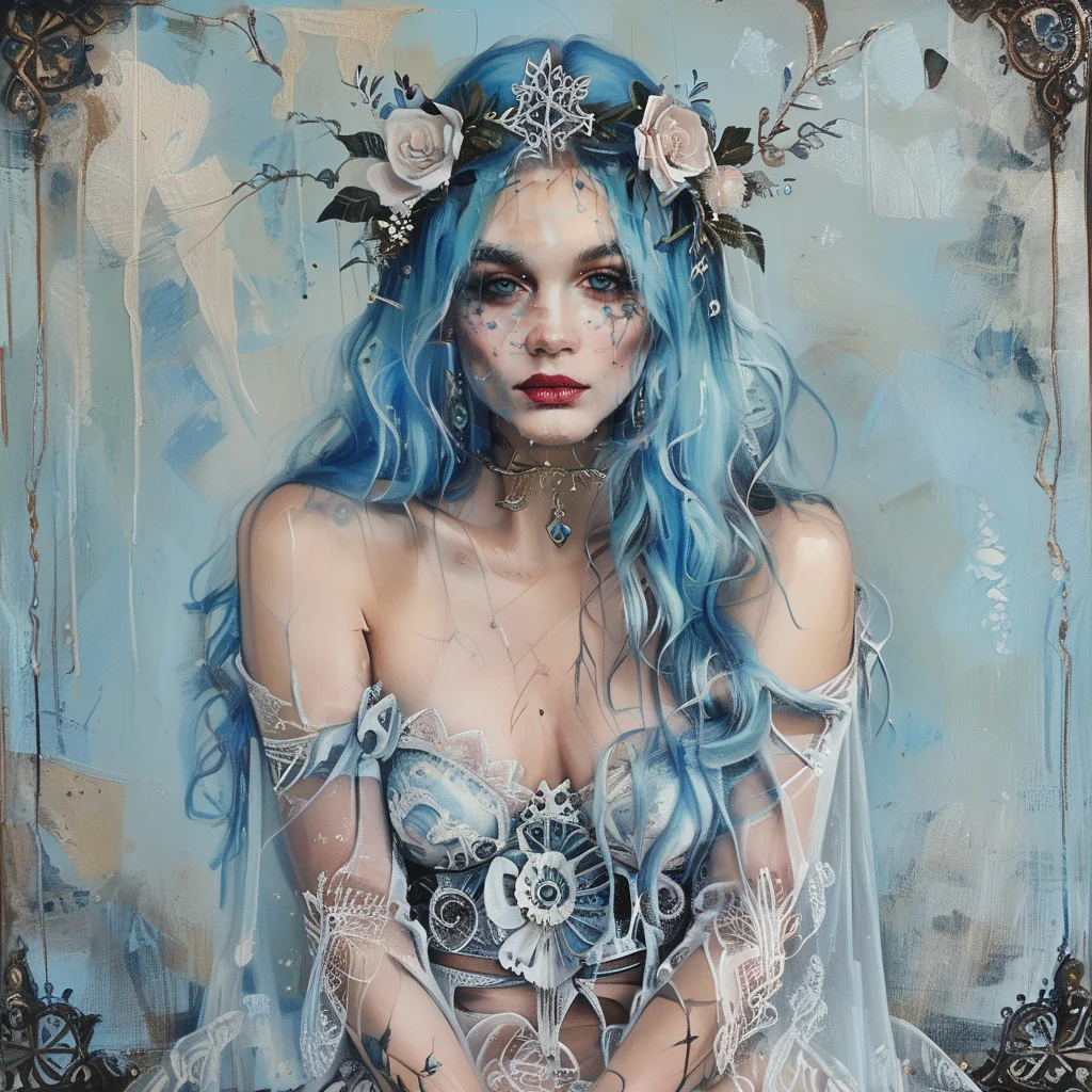 score_9, score_8_up, score_7_up,a painting of a woman with blue hair, a character portrait by Nína Tryggvadóttir, behance contest winner, context art, storybook illustration, bioluminescence, cyanotype <lora:ArsMJStylePony_Light:1>