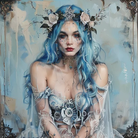 score_9, score_8_up, score_7_up,a painting of a woman with blue hair, a character portrait by Nína Tryggvadóttir, behance contest winner, context art, storybook illustration, bioluminescence, cyanotype <lora:ArsMJStylePony_Light:1>