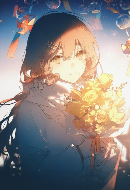 1girl, solo, flower, long hair, hair ornament, brown hair, white scarf, holding, hairclip, smile, scarf, looking at viewer, wings, upper body, brown eyes, long sleeves, wind chime, hair between eyes, bow, hair bow, bouquet, closed mouth, yellow flower, coat, pinwheel, jacket,<lora:CC_train_nb11-xl:1>light particles,light and shadow,overexposure,contour deepening,lens flare,depth of field, (very vibrant colors:0.8), very high contrast, sketch, vivid colors, (saturated:1.0), colorful, very high colorfulness, deep blue hues, submerged, pressure, cold atmosphere, dark atmosphere, rella, konya karasue, view finder, scratch art, color tracing,, masterpiece,best quality,amazing quality,very aesthetic,absurdres,newest,