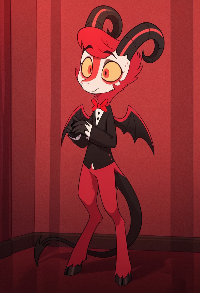 masterpiece, best quality, amazing quality, dazzle, solo, 1boy, Demon, goat horns, yellow sclera, red Eyes, Demon wings, red fur, tuxedo, red bowtie, bara, full body
