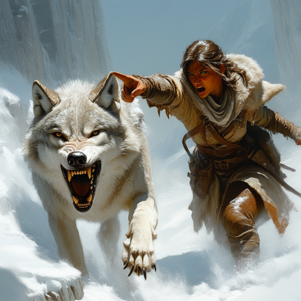 Wolf and Ranger, 1woman, Pointing, Charging, snowy background