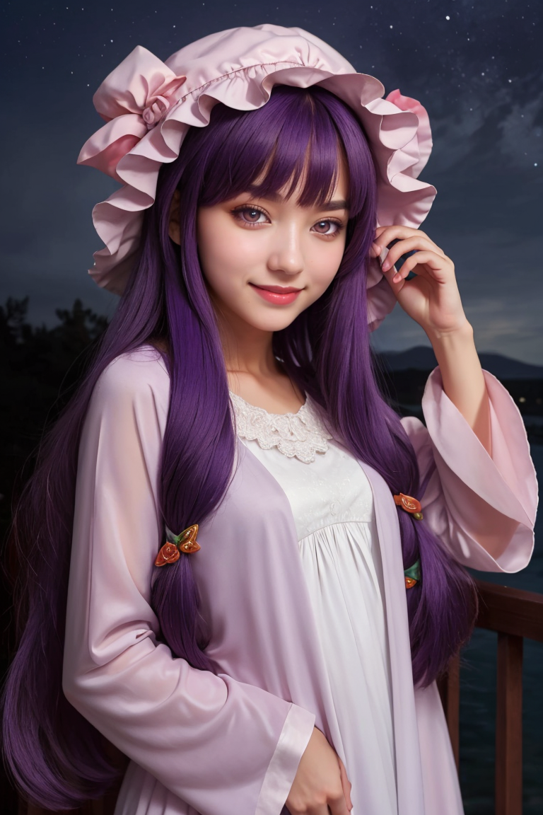 (masterpiece, best quality:1.2), solo, 1girl, 
patchouli_knowledge, smile, looking at viewer, 
1girl, solo, purple hair, purple eyes, long hair, mob cap, crescent hat ornament, long sleeves, night gown, 
beautiful eyes,
<lora:patchouli_knowledge-byPatchouli:0.8>,