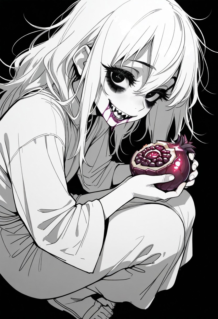 tfaix
black eyes, bags under eyes,    
big eyes,  (black eyeshadow:0.8),  thick eyelashes, 
from side, monochrome, greyscale, simple background, black background, 
looking at viewer, looking down, (wild, crazy smile:1.2), solo, 1girl, full body, white robe, torn clothing, holding a purple half-eaten pomegranate , (purple pomegranate with a bite missing:1.2, half-eaten purple pomegranate:1.5), perspective, (sharp teeth:1.2), purple liquid on mouth, purple liquid on face, half-closed eyes, + +,   black eyeliner, white hair,
masterpiece, best quality, amazing quality,
dark messy sketch, messy lineart, unfinished,
(horror \(theme\),:1.2)