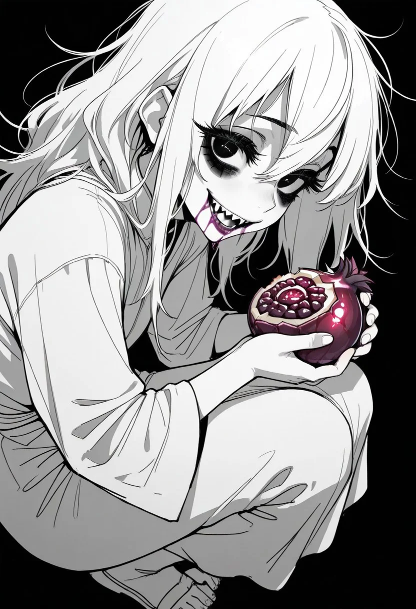 tfaix
black eyes, bags under eyes,
big eyes, (black eyeshadow:0.8), thick eyelashes,
from side, monochrome, greyscale, simple background, black background,
looking at viewer, looking down, (wild, crazy smile:1.2), solo, 1girl, full body, white robe, torn clothing, holding a purple half-eaten pomegranate , (purple pomegranate with a bite missing:1.2, half-eaten purple pomegranate:1.5), perspective, (sharp teeth:1.2), purple liquid on mouth, purple liquid on face, half-closed eyes, + +, black eyeliner, white hair,
masterpiece, best quality, amazing quality,
dark messy sketch, messy lineart, unfinished,
(horror \(theme\),:1.2)