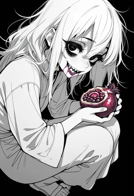 tfaix
black eyes, bags under eyes,
big eyes, (black eyeshadow:0.8), thick eyelashes,
from side, monochrome, greyscale, simple background, black background,
looking at viewer, looking down, (wild, crazy smile:1.2), solo, 1girl, full body, white robe, torn clothing, holding a purple half-eaten pomegranate , (purple pomegranate with a bite missing:1.2, half-eaten purple pomegranate:1.5), perspective, (sharp teeth:1.2), purple liquid on mouth, purple liquid on face, half-closed eyes, + +, black eyeliner, white hair,
masterpiece, best quality, amazing quality,
dark messy sketch, messy lineart, unfinished,
(horror \(theme\),:1.2)