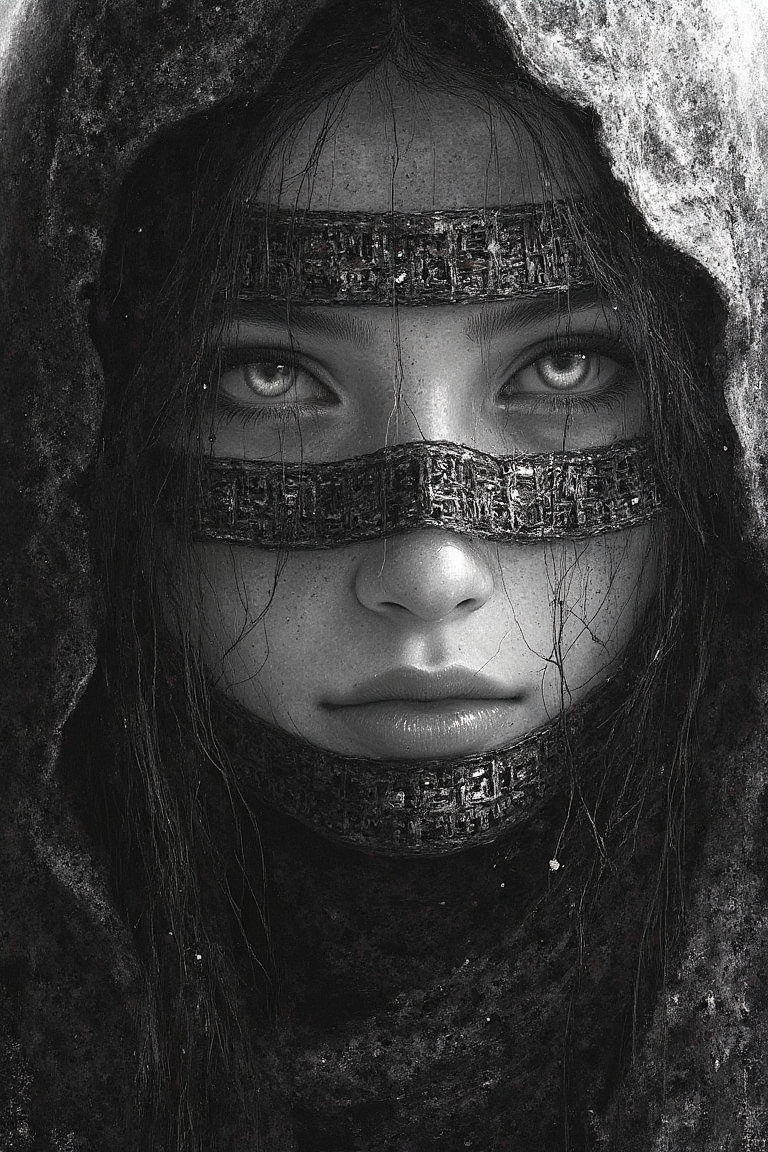 Close-up portrait of a young woman, likely in her late teens or early twenties, with a mysterious and powerful demeanor.  Her face is covered in strips of fabric resembling ancient Egyptian bandages, intricately patterned with hieroglyphs.  Her eyes, large and striking, are a light gray-white, highlighting a piercing gaze and a sense of intense concentration. Her expression is serious, almost stoic, conveying a mix of resolve and danger.  Her hair is long and dark, partially hidden under a hood, adding to the sense of mystery.  The woman's body is entirely covered in the same material, creating a ghostly, almost otherworldly appearance. The style is stark black and white, with grainy texture mimicking aged materials, reflecting a grim atmosphere.  Intricate hieroglyphs and ancient markings on the bandages give the image a historical/fantasy feel, while spiderweb-like patterns in the background amplify the sense of mystery and danger. The composition is focused on the woman's face and upper body, creating a dramatic, close-up perspective.  The lighting is dramatic, emphasizing the subject and the intricate detail of the markings, generating a dramatic mood. A high contrast style,  with strong shadows and high key highlights further emphasize the artistic style, hinting at a digital painting or graphic novel aesthetic. The overall atmosphere is dark and mysterious, reminiscent of fantasy art, perhaps even historical fantasy, with a hint of dark magic.,velvet_myst