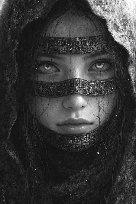 Close-up portrait of a young woman, likely in her late teens or early twenties, with a mysterious and powerful demeanor.  Her face is covered in strips of fabric resembling ancient Egyptian bandages, intricately patterned with hieroglyphs.  Her eyes, large and striking, are a light gray-white, highlighting a piercing gaze and a sense of intense concentration. Her expression is serious, almost stoic, conveying a mix of resolve and danger.  Her hair is long and dark, partially hidden under a hood, adding to the sense of mystery.  The woman's body is entirely covered in the same material, creating a ghostly, almost otherworldly appearance. The style is stark black and white, with grainy texture mimicking aged materials, reflecting a grim atmosphere.  Intricate hieroglyphs and ancient markings on the bandages give the image a historical/fantasy feel, while spiderweb-like patterns in the background amplify the sense of mystery and danger. The composition is focused on the woman's face and upper body, creating a dramatic, close-up perspective.  The lighting is dramatic, emphasizing the subject and the intricate detail of the markings, generating a dramatic mood. A high contrast style,  with strong shadows and high key highlights further emphasize the artistic style, hinting at a digital painting or graphic novel aesthetic. The overall atmosphere is dark and mysterious, reminiscent of fantasy art, perhaps even historical fantasy, with a hint of dark magic.,velvet_myst