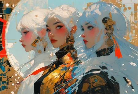 score_9, score_8_up, score_8_up, ((Cinematic composition)),((masterpiece)), (resplendent highlighting), 8k.
3 girls posed like Charlie’s Angel’s, (full body). 3 beautiful girls of differing cultural heritage posed like the poster. they are wearing different styles, revealing futuristic clothing, layers. ((full body)) one girl is blonde, one girl has black hair and the last girl has red hair caught up by the wind. (resplendent highlighting of her face). Cyber atmosphere. Cool. Utopia. High tech Asian style. Deep rich colours.
Ink, Charcoal and colourful oil pastels. impressionistic bidimensional. (Klimt :1.2) dadaistic collage (by Bill Sienkiewicz:1.5), strikingly alluring face. brilliant spotlight effect. A splash of paint explodes between their feet.
Vibrant thick dripping paint. Intense detail, realistic, dynamic shadows and contrasts.
surreal, intense colors, liquid, unreal parts, alluring, fluid, perfection, gothic. (Luminous skin dynamically highlighted), Illustration, (klimt:0.8) (Bill Sienkiewicz:1.5). maximum detail, Chinese watercolor and ink technique. Gold leaf highlights.
<lora:xl_more_art-full_v1:0.4> <lora:epi_noiseoffset2:1>3
