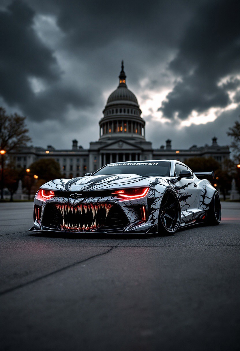 A striking photograph captures a dramatically modified Chevrolet Camaro parked on a paved surface, with a striking backdrop of a historic government building looming in the distance under a dark and stormy sky. The car boasts a highly detailed and menacing wrap design, featuring a large, open-mouthed monster face with sharp teeth on the front, creating an aggressive and predatory vibe. The design, which resembles scales or feathers, extends across the hood and sides of the vehicle, enhancing the fierce aesthetic.
The color scheme of the car is predominantly white, with black and red accents adding to its sinister appearance. The red glowing headlights and side markers cast an eerie, almost demonic glow, further emphasizing the monster theme. The cinematic image exudes power and intimidation, amplified by the ominous weather and the grand architecture. The, graffiti, cinematic, vibrant