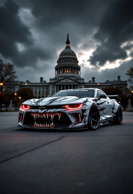 A striking photograph captures a dramatically modified Chevrolet Camaro parked on a paved surface, with a striking backdrop of a historic government building looming in the distance under a dark and stormy sky. The car boasts a highly detailed and menacing wrap design, featuring a large, open-mouthed monster face with sharp teeth on the front, creating an aggressive and predatory vibe. The design, which resembles scales or feathers, extends across the hood and sides of the vehicle, enhancing the fierce aesthetic.
The color scheme of the car is predominantly white, with black and red accents adding to its sinister appearance. The red glowing headlights and side markers cast an eerie, almost demonic glow, further emphasizing the monster theme. The cinematic image exudes power and intimidation, amplified by the ominous weather and the grand architecture. The, graffiti, cinematic, vibrant
