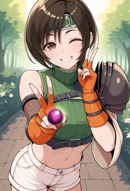 masterpiece, best quality, solo, 1girl, smile, looking at viewer, <lora:Yuffie-illus_Fp:1>, yuff7, short hair, brown eyes, forehead protector, green turtleneck, midriff, single pauldron, chest strap, single arm guard, orange gloves, fingerless gloves, white shorts, fishnets, holding, materia, outdoors, v, one eye closed,