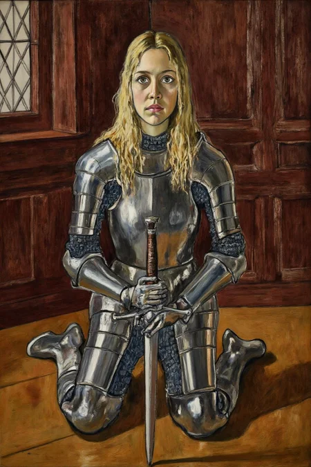 aliceneel2 painting.
A young woman, facing directly at the viewer, is dressed in polished medieval armor, kneeling in a dimly lit, richly paneled room. she is holding a broadsword with both hands. She gazes upward with a contemplative expression, her blonde, shoulder-length hair cascading down her back. <lora:aliceneel2_d8a4:1.0><lora:866266445418358129:0>