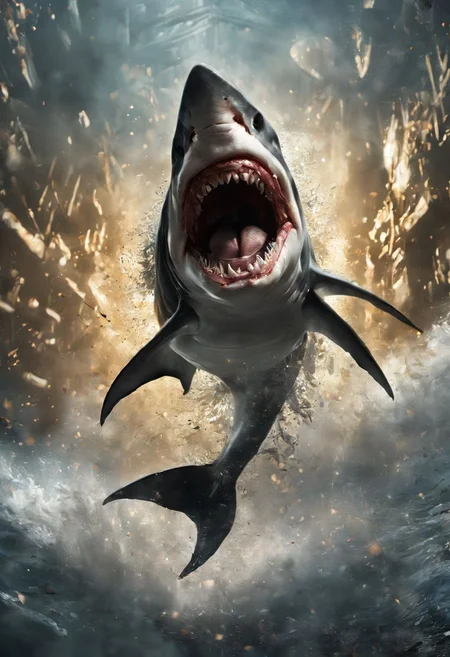 shark, cinematic, epic, masterpiece, awardwinning, drkfntasy, flying through the air