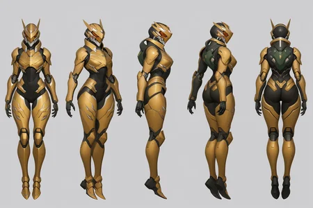 (GENERAL:0), mecha, robot, masterpiece, best quality, very aesthetic, absurdres, solo, standing,
(VIEWS:0), full body character turnaround of mecha,
Multiple views of the same mecha, (simple background, white background:1.2), multiple views, side view, back view, front view,
sunglasses, goggles,
mask, helmet,
Alligator\(animals\)ï¼
slayer Praetor suit\(Doom\),
plate armor, power suit, alien,
android, cybersuit, upper armor, mechanical arms, machinery, prosthesis,
(bodyshape:0), Toned and athletic body,
(clothing:0), (Oscar de la Renta silk gown:0.6),
(gold
Gothic theme character design:1.1),
<lora:MechTurnXLRemix_v1:.75>
<lora:MechTurnXL_v1:.25>
<lora:ClothTurnXLRemix_v1-000004:.25>
<lora:ClothTurnXL_v1-000004:0.25>
<lora:CharTurnXL_v2:0.25>
<lora:xl_more_art-full_v1:.25>,
<lora:Alphonse Mucha Style:.1>, Alphonse Mucha Style page
<lora:å½é£æç»SDXL:.1>