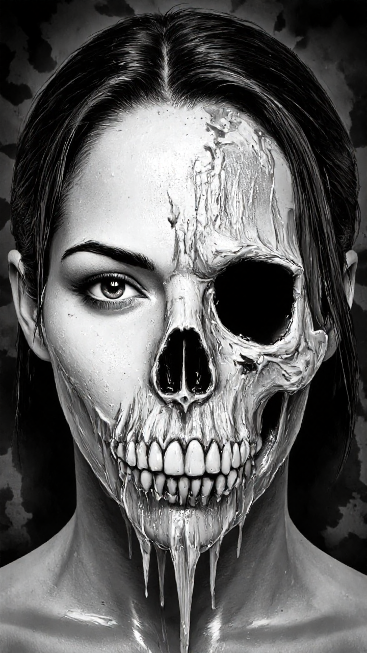 highly detailed, black-and-white digital illustration depicting a surreal and haunting scene. The central subject is a woman's face, with her eyes open and her dark hair framing her face. Her expression is neutral, but the overall tone is eerie due to the juxtaposition of her face with a skeletal skull, which occupies the lower half of her face. The skull's eye socket is filled with a dark, hollow void, adding to the unsettling atmosphere. 
The woman's face is covered in a thick, viscous substance that appears to be dripping down from her mouth, creating a disturbing visual effect. This substance is rendered in a highly detailed, almost pixelated texture, with streaks and lines suggesting movement or fluidity. The background is a gradient of dark, indistinct shapes, which further enhances the eerie and dreamlike quality of the image. The overall style is reminiscent of digital art with a strong emphasis on texture and detail, blending elements of horror and surrealism. The contrast between the smoothness of the woman's skin and the rough, skeletal texture of the skull is striking. This image is likely intended to evoke strong emotions and provoke thought about mortality and the human condition.,aidmaimageupgrader, aidmaMJ6.1 <lora:aidmaMJ6.1-FLUX-v0.5:0.7> <lora:aidmaImageUprader-FLUX-v0.3:0.4>