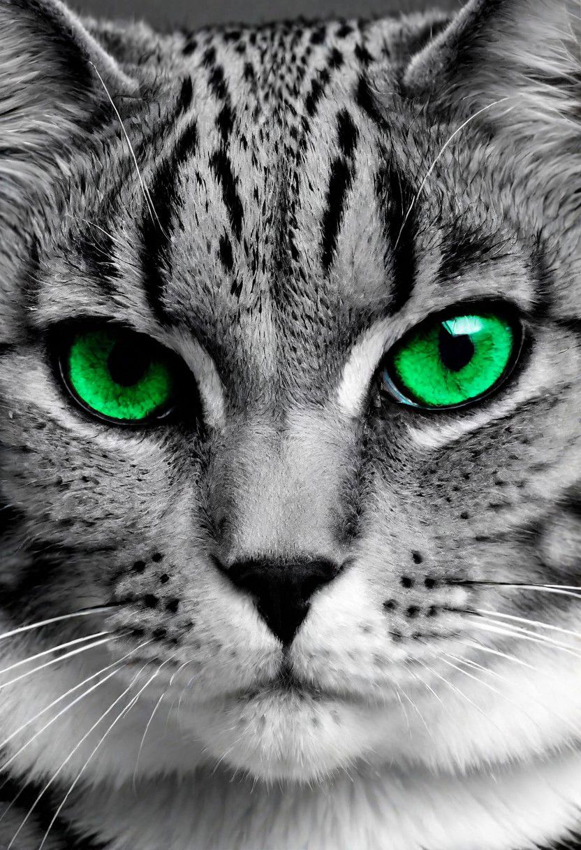 cats face, (Black and white image, Green Accent)