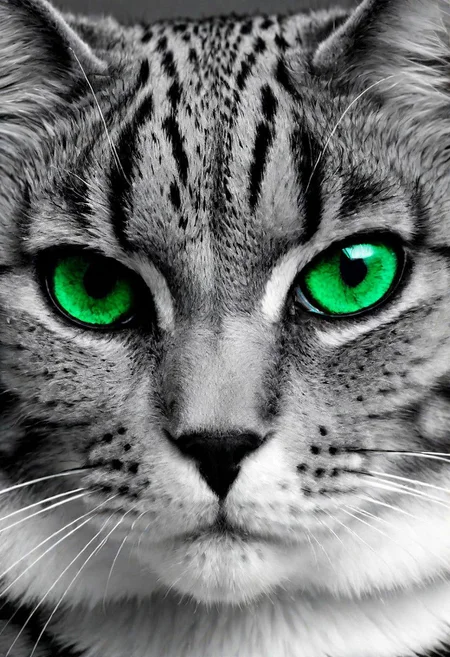 cats face, (Black and white image, Green Accent)