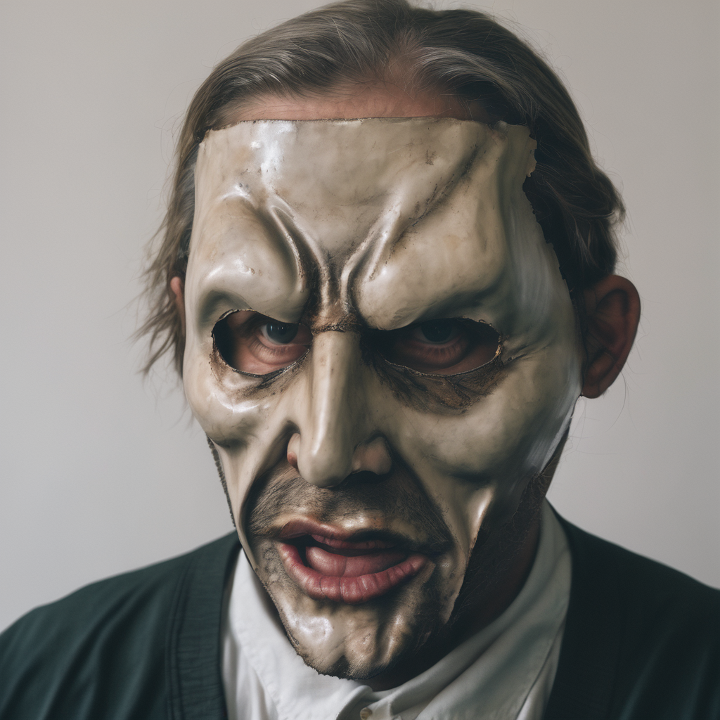 a man wear a realistic mask<lora:Creepy_Masks:1>