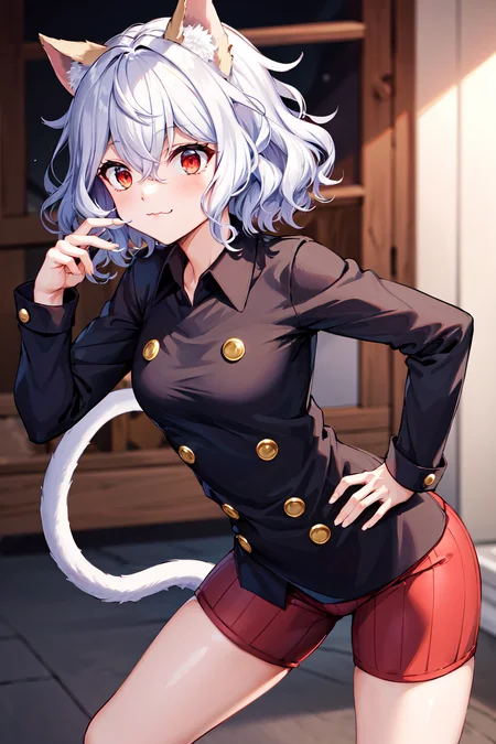 masterpiece, best quality, highres, neferpitou1, cat ears, (cat tail:0.6), solo, short hair, red eyes, long sleeves, hair between eyes, :3, curly hair, striped, cat girl, buttons, striped shorts, <lora:neferpitou_v1:0.6>, town, leaning forward, hand on hip,