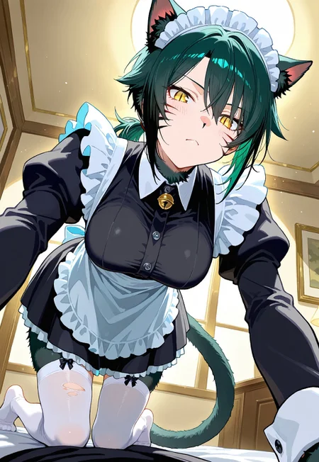 General, masterpiece, best quality, amazing very aesthetic, absurdres, warm lighting, soft focus, highly detailed, intricate textures, realistic shading, detailed background

BREAK

1woman:[kuudere, lean body, slit pupils, short green hair with black highlights, tomboyish hairstyle with ponytail, yellow eyes, tall, medium breasts, Maid Uniform, stockings, ripped white thighhighs]

BREAK

Changingroom, on all fours, pov from below, cat ears, cat tail, animal hands, animal legs, whisker markings, cat nose, (green and black body fur:1.4), busy background, people in background 
