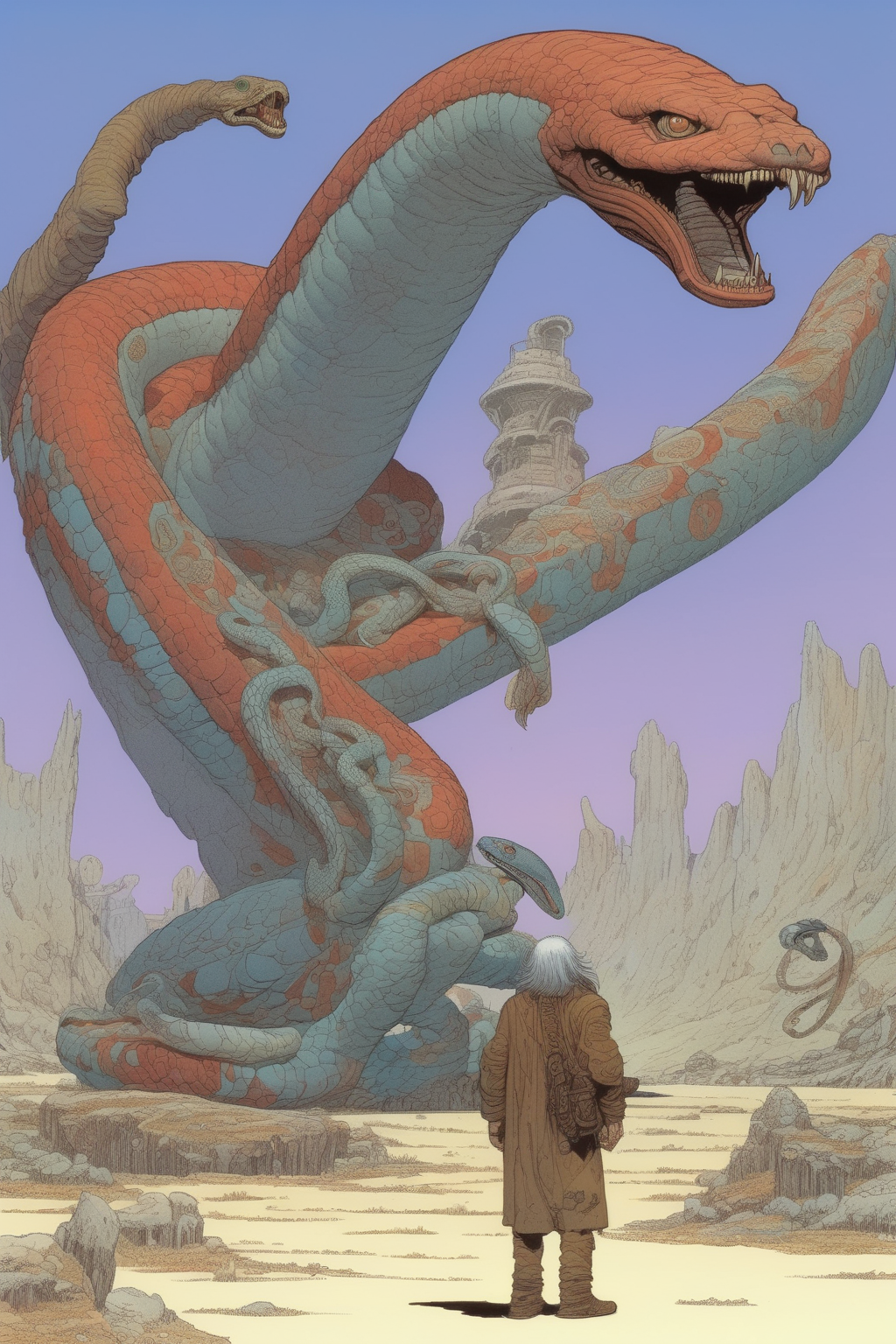 <lora:Moebius (Jean Giraud) Style:1>Moebius (Jean Giraud) Style - illustration by moebius, standing bear with see-snake instead of its arms, haida hybrid creaturechaos 50