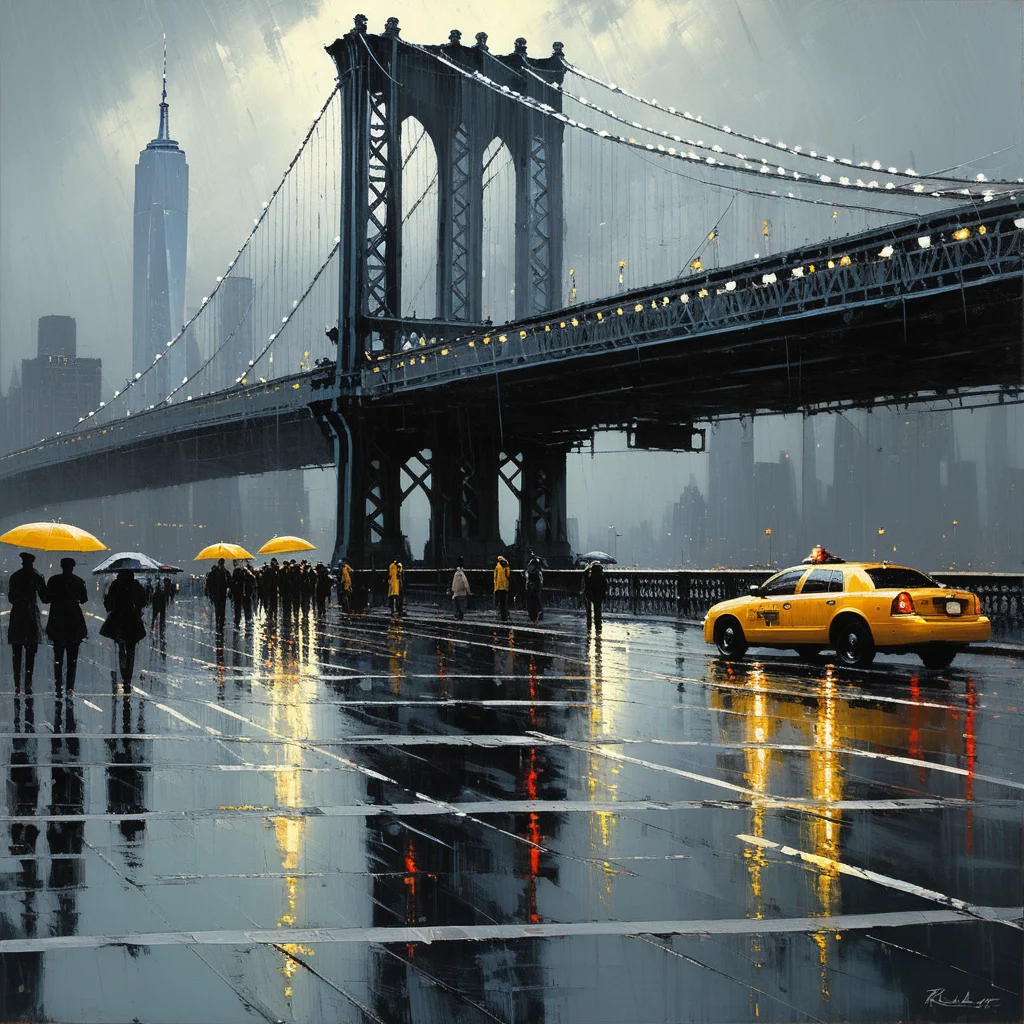 New York bridge, rain, people, canvas, oil paint, impasto brushstrokes, Richard Schmidt, Mark Legu, Jeremy Mann
