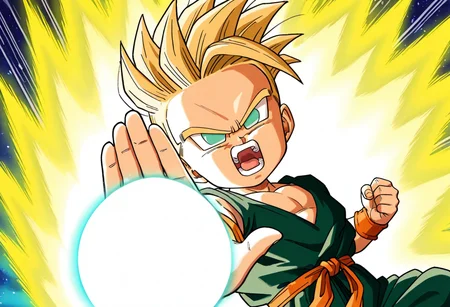 masterpiece,best quality,amazing quality,very aesthetic,absurdres,newest, highres,very awa, <lora:Kid_Trunks_-_DBZ-000011:1>, 1boy, male child, kidtrunks, aqua eyes, no pupils, blonde hair, super saiyan, spiked hair, green dougi, orange wristband, orange sash, green pants, baggy pants, upper body, yellow aura, open mouth, shouting, serious, <lora:Biden_Blast__Meme_Pose_Concept__IllustriousXL_and_NoobAI-000014:1>, bidenblast, foreshortening, energy ball, glowing, incoming attack, looking at viewer, wind,