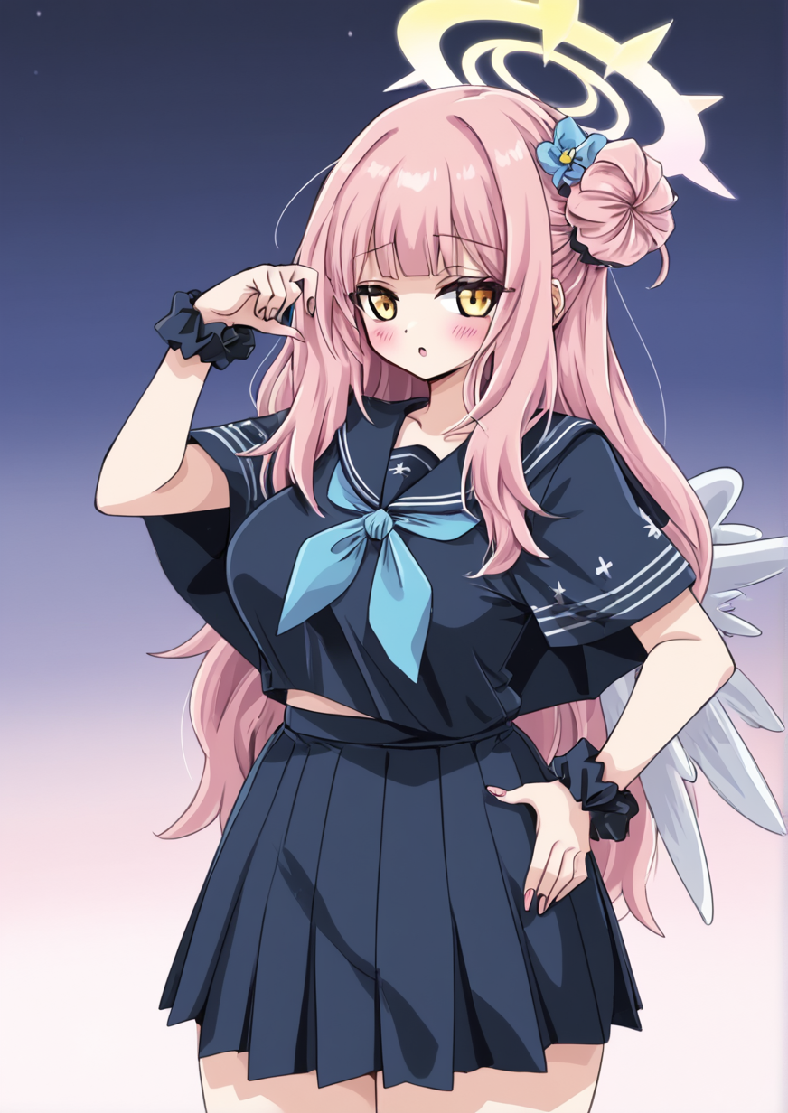 1girl, mika (blue archive), huge breast, monster girl, angel wings, arm support, ..., blunt bangs, capelet, claw pose, feathered wings, flower, hair bun, hair flower, hair ornament, hair scrunchie, halo, hand on own hip, long hair, looking at viewer, parted lips, pink hair, school uniform, scrunchie, sidelocks, single side bun, solo, white wings, wings, wrist scrunchie, yellow eyes,<lora:éæ kinkuri:1>
