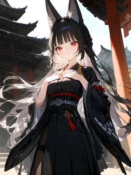 illustration, incredibly absurdres, ultra detailed, masterpiece, best quality, perfect features, intricate details, ray tracing, very aesthetic, shuri \(84k\), ATDAN, artist:chen bin, (ningen mame:0.95), (wlop:0.91), (sarcophage:1.05), (tsubasa tsubasa:1.05), modare, hiten \(hitenkei\), [<lora:XL-detailed_notrigger:0.95>::0.5], [:<lora:XL-aesthetic_anime:1.2>:0.5], <lora:Char-ZZZ-Hoshimi_Miyabi-V1-SDXL:1>,  1girl, hoshimi miyabi, solo, kimono, obi, sash, tabi, standing, cowboy shot, hands on own chest, light smile, east asian architecture, outdoors, blurry background, masterpiece