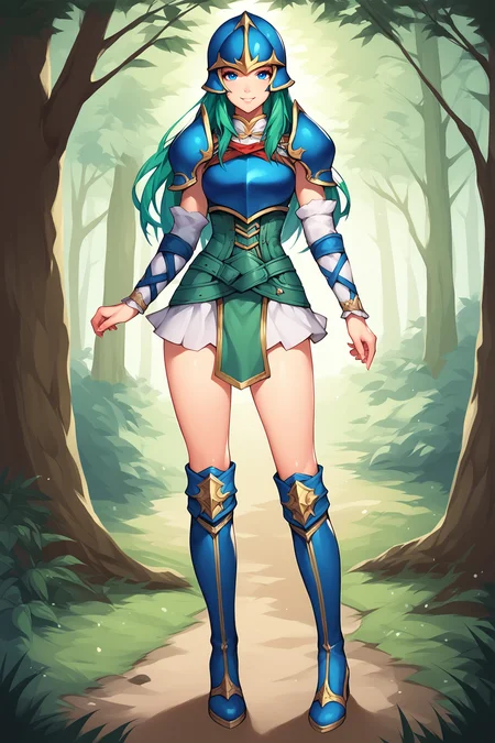 score_9, score_8_up, score_7_up, score_6_up, BREAK, NepheneeFEXL, blue eyes, green hair, long hair, sidelocks, medium breasts, blue armor, blue helmet, shoulder armor, breastplate, green corset, green loincloth, white sleeve, detached sleeve, guantlets, white skirt, blue thigh boots, solo, full body, standing, seductive smile, looking at viewer, forest, tree <lora:NepheneeFEXL:0.8>