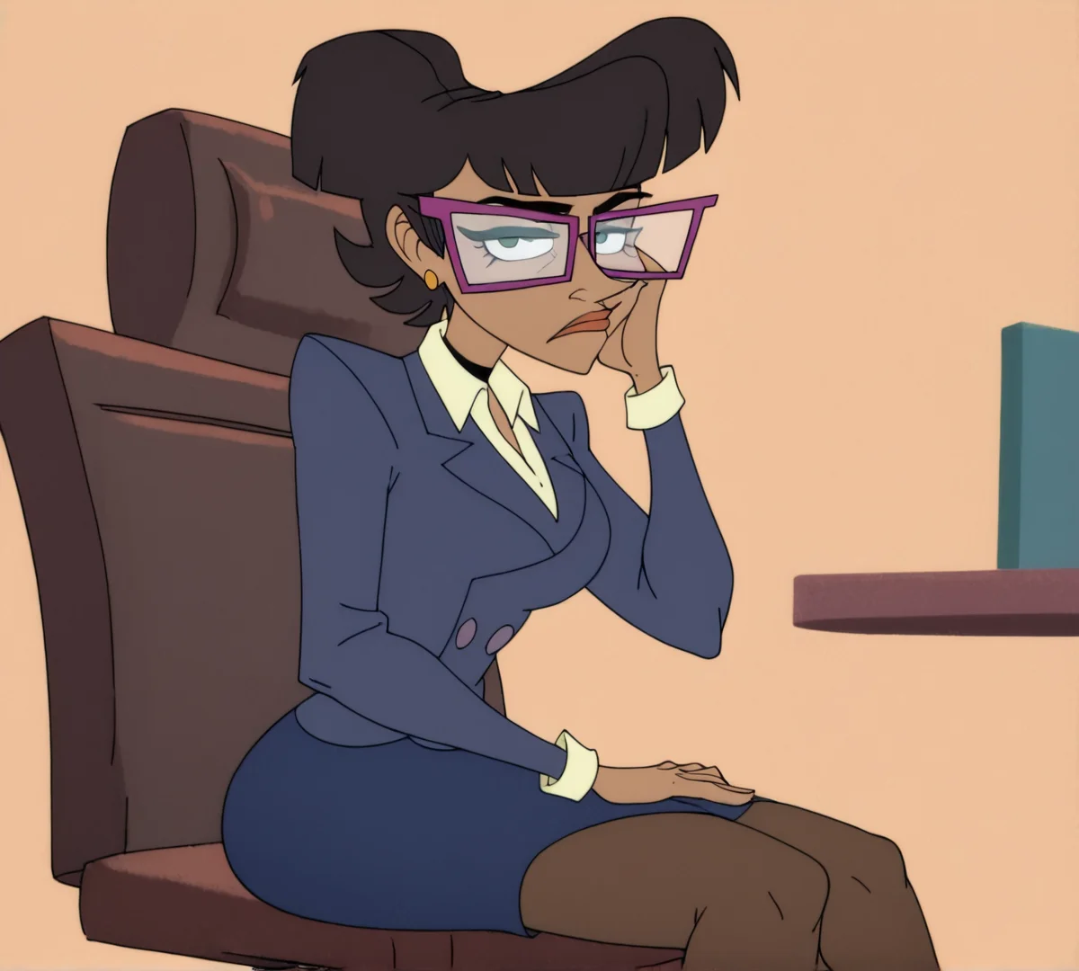 Nora rita, zPDXL, best quality, amazing quality, score 9, 1girl, looking at viewer, sitting, hand on face, bored, office, glasses, <lora:Nora_Rita:0.8>
