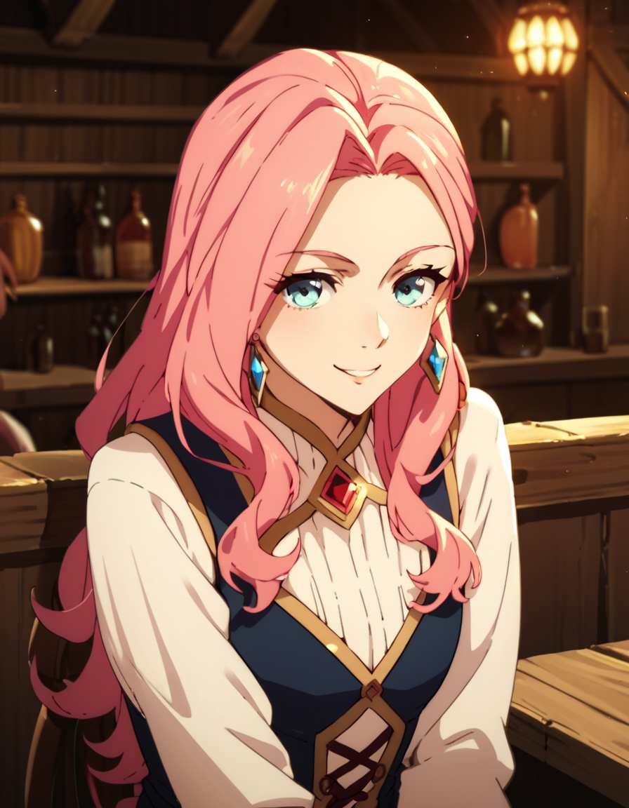 score_9, score_8_up, score_7_up, score_6_up, score_5_up, score_4_up, source_anime,  Eclair, pink hair,  portrait, sitting, tavern, smile