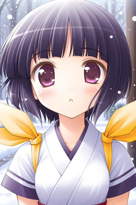 masterpiece, best quality, absurdres, official art, official style, general BREAK <lora:arisakashiina_IL_v1-2:0.7>, arisaka shiina, 1girl, solo, purple eyes, black hair, purple hair, short hair, bob cut, blunt bangs, flat chest, small breasts BREAK japanese clothes, white dress, short sleeves, shoulder ribbon, yellow ribbon, blue line, upper body, close-up, portrait, outdoors, snowing,
blush, :o, looking at viewer, open mouth, parted lips, surprised
