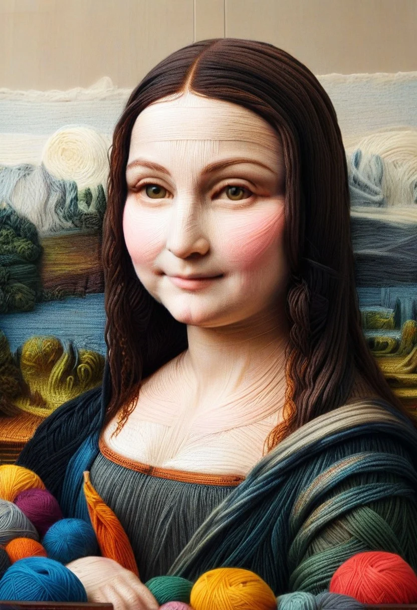 yrnwrld, made of yarn, yarn painting Mona Lisa, high quality,masterpiece,absurdres,incredible composition,extremely detailed, Mona Lisa