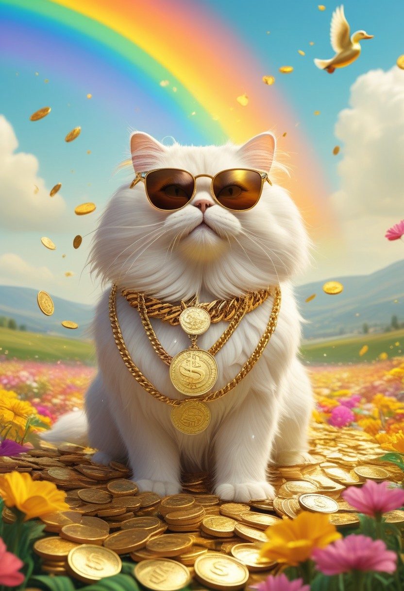 cartoon-style scene of a fabulously wealthy Persian cat, vibrant field filled with fluttering dollar bills, wearing a lavish bling-bling gold chain, sunglasses, looking relaxed. Oversized coins, colorful flowers swaying in the breeze. Bright, sunny, with a rainbow arching overhead, adding to the whimsical and extravagant atmosphere of this rich duck's dreamland, lake of golden coins, falls of gold coins instead of water,
[style of greg rutkowski,janek sedlar,jenny saville:0]  <lora:vivid_everclear:0.35>  <lora:Sinozick:0.35>  <lora:MJ52:0.35>