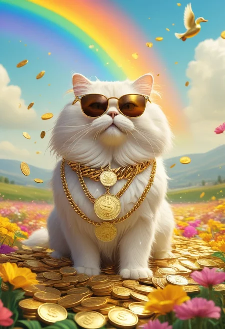 cartoon-style scene of a fabulously wealthy Persian cat, vibrant field filled with fluttering dollar bills, wearing a lavish bling-bling gold chain, sunglasses, looking relaxed. Oversized coins, colorful flowers swaying in the breeze. Bright, sunny, with a rainbow arching overhead, adding to the whimsical and extravagant atmosphere of this rich duck's dreamland, lake of golden coins, falls of gold coins instead of water,
[style of greg rutkowski,janek sedlar,jenny saville:0]  <lora:vivid_everclear:0.35>  <lora:Sinozick:0.35>  <lora:MJ52:0.35>
