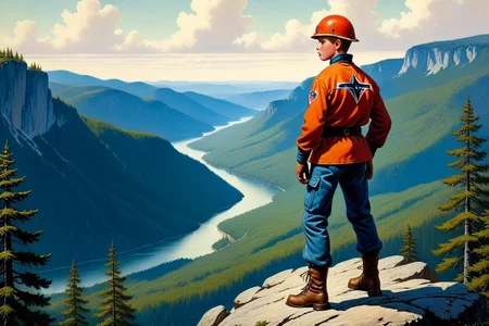 an ilustration of heroic jugendfeuerwehr teenage person standing on a mountain over a forest , photorealistic , anatomically correct, by frank frazetta<lora:Jugendfeuerwehr:0.8>