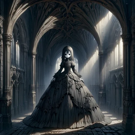 masterpiece,high resolution,detailed,
gothicstyle, solo,1girl,facing at viewer,full body,close-up,dress,white skin,black eyes, church, scenery, arch, pillar, architecture, light rays, light, sunlight,horror(theme),dark theme
, <lora:Ghotic_haunted_world:0.8>