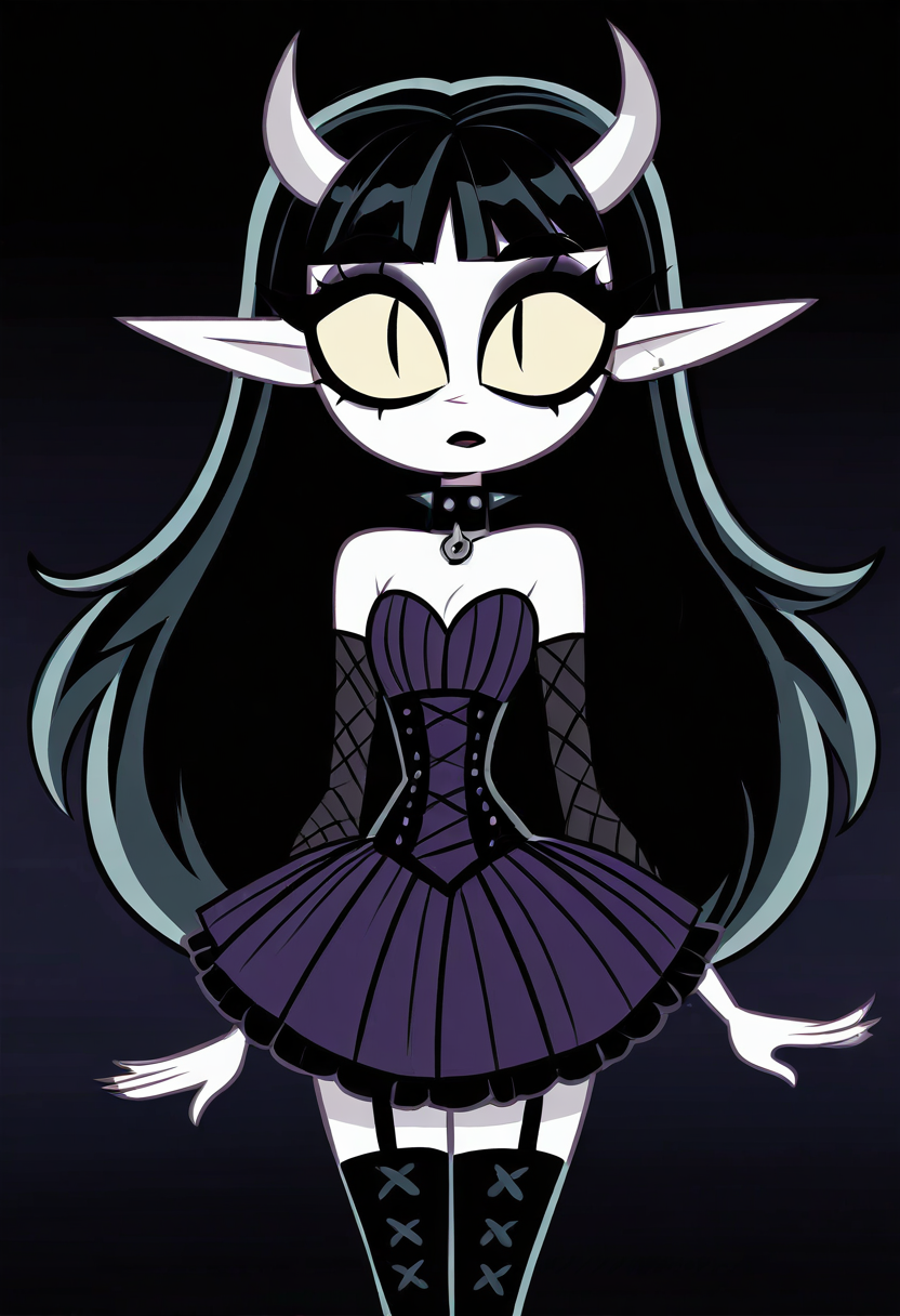 (masterpiece, best quality, good quality, very aesthetic, absurdres, newest:1.2),    1girl, solo, eyelashes, (beautiful eyes),   1girl, solo, long hair, black hair, purple and black hair, looking at viewer, horns, pointy ears, bangs, blunt bangs, slit pupils, yellow sclera, grey skin, makeup, eyeshadow, black lips, purple dress, black boots, knee boots, spikes, spiked collar, gothic,    ,      <lora:VampieNAI:1.0>,