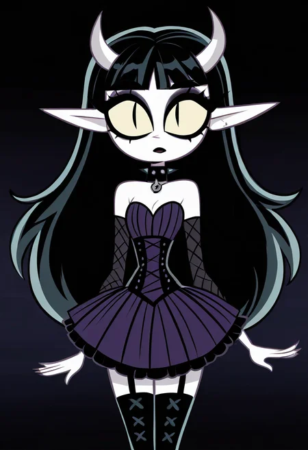 (masterpiece, best quality, good quality, very aesthetic, absurdres, newest:1.2), 1girl, solo, eyelashes, (beautiful eyes), 1girl, solo, long hair, black hair, purple and black hair, looking at viewer, horns, pointy ears, bangs, blunt bangs, slit pupils, yellow sclera, grey skin, makeup, eyeshadow, black lips, purple dress, black boots, knee boots, spikes, spiked collar, gothic, , <lora:VampieNAI:1.0>,