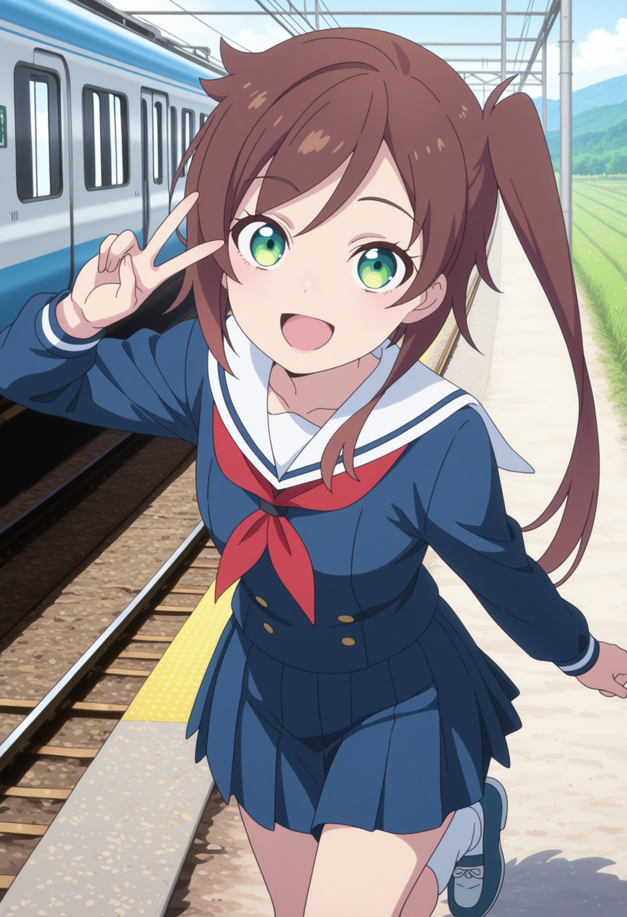masterpiece, best quality, very aesthetic, anime, detailed background, 1girl, looking at viewer, smile, one leg up, railway, outdoors, rural, open mouth, peace sign, v
<lora:ShizuruChikura_ShuumatsuTrain:0.9> shizuruchikura, brown hair, school uniform, green eyes, serafuku, side ponytail, white sailor collar, long hair, red neckerchief, skirt, long sleeves, pleated skirt
