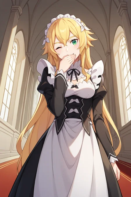 score_9, score_8_up, score_7_up, source_anime, 1girl, prefect lighting, very aesthetic, intricate details, highly detailed background, masterpiece, high quality, prefect hands, best quality, solo,
<lora:Frederica_Baumann_ReZero_V1:.85>, KJOfrederica, blonde hair, green eyes, hair between eyes, very long hair,
maid, maid headdress, maid apron,
from below, smile, head tilt, one eye closed, hand covering mouth,
mansion, hallway, red carpet, windows, day,
(Beautiful, medium Breasts:1.2), natural breasts,