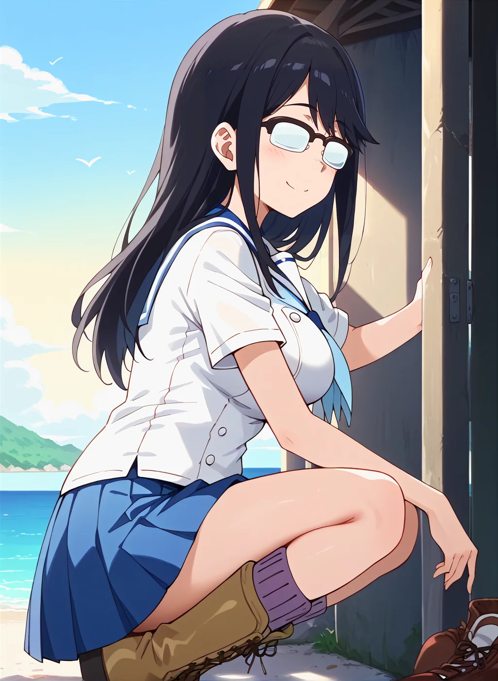 score_9,score_8_up,score_7_up,source_anime,anime,nsfw,rating_explicit,uncensored,High quality,Ultra detailed,best quality,insanely detailed,beautiful,masterpiece,perfect lighting BREAK
<lora:ono_makoto_V1:1>,(ono_makoto, black hair, long hair,medium breasts, opaque glasses,summer uniform,sailor collar,neckerchief, white shirt,short sleeves, blue skirt, pleated skirt, socks,boots),1girl,solo,smirk,looking_back,outdoors,embankment,sea,looking_at_viewer,from_side,