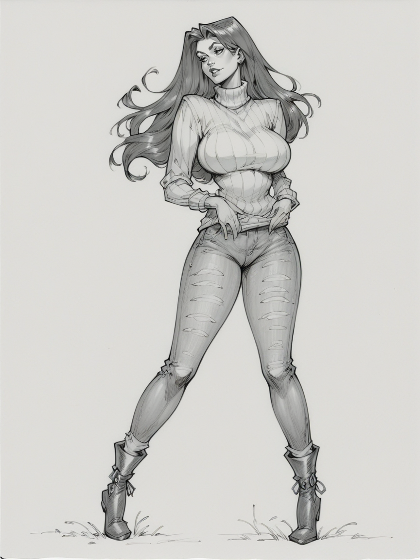 score_9, score_8_up, score_7_up, score_6_up, score_5_up,  <lora:juliuszXLP:0.8> juliusz, traditional media, monochrome, greyscale, large breasts, 1girl, long hair, full body, sweater, jeans, ankle boots,