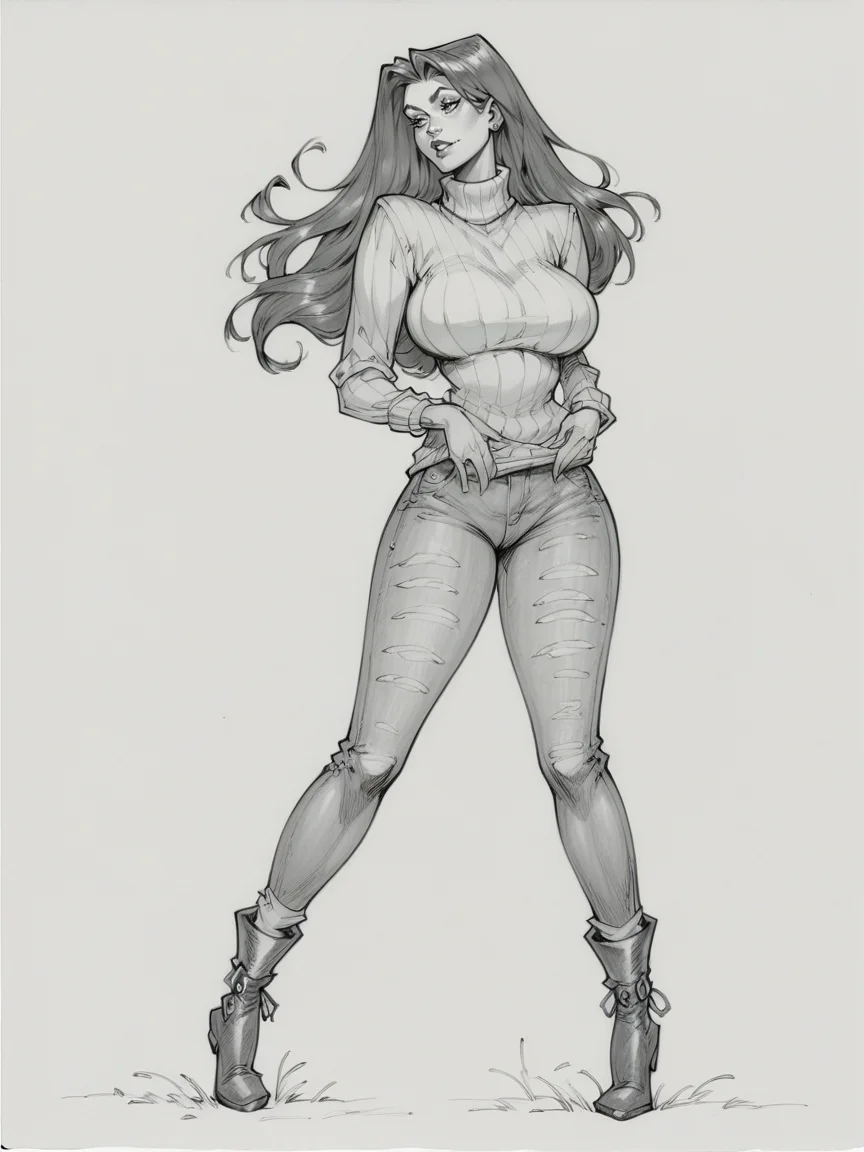 score_9, score_8_up, score_7_up, score_6_up, score_5_up, <lora:juliuszXLP:0.8> juliusz, traditional media, monochrome, greyscale, large breasts, 1girl, long hair, full body, sweater, jeans, ankle boots,