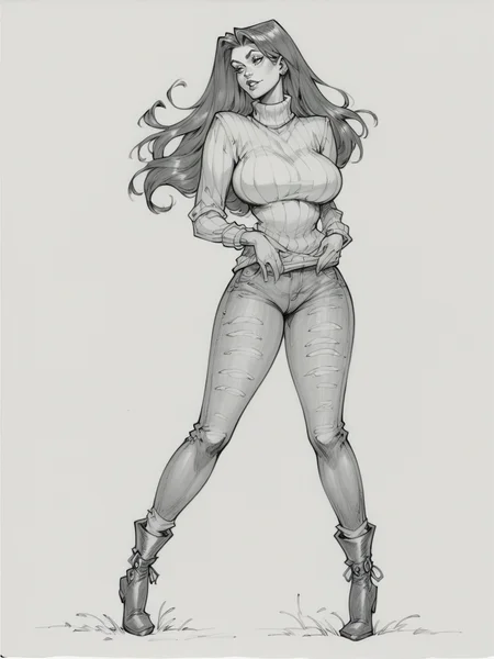 score_9, score_8_up, score_7_up, score_6_up, score_5_up, <lora:juliuszXLP:0.8> juliusz, traditional media, monochrome, greyscale, large breasts, 1girl, long hair, full body, sweater, jeans, ankle boots,